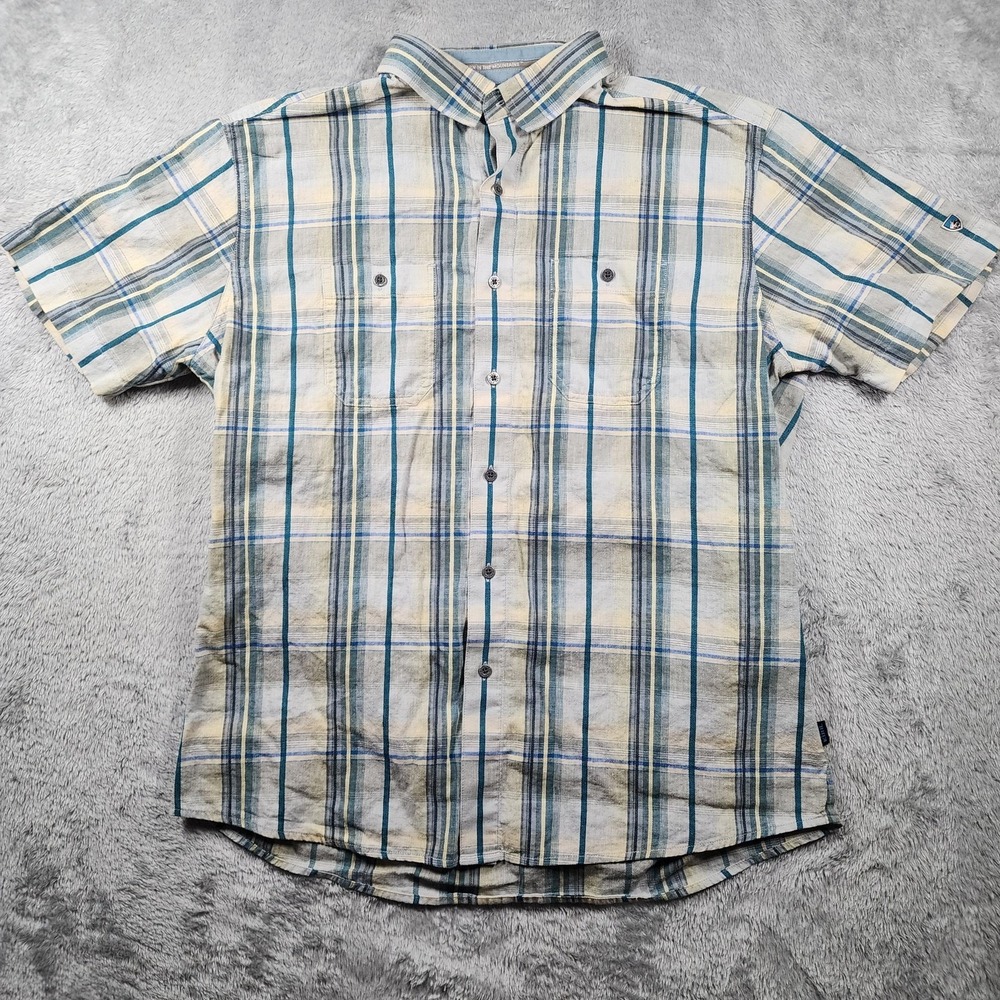 Kuhl Skorpio Shirt Men XL Blue Plaid Linen Short Sleeve Button Up Outdoor Hiking